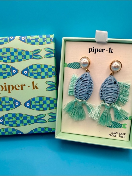 Piper K Jewelry - Piper K Blue and Mint Woven Fish Tassel Drop Earrings with Pearl Studs